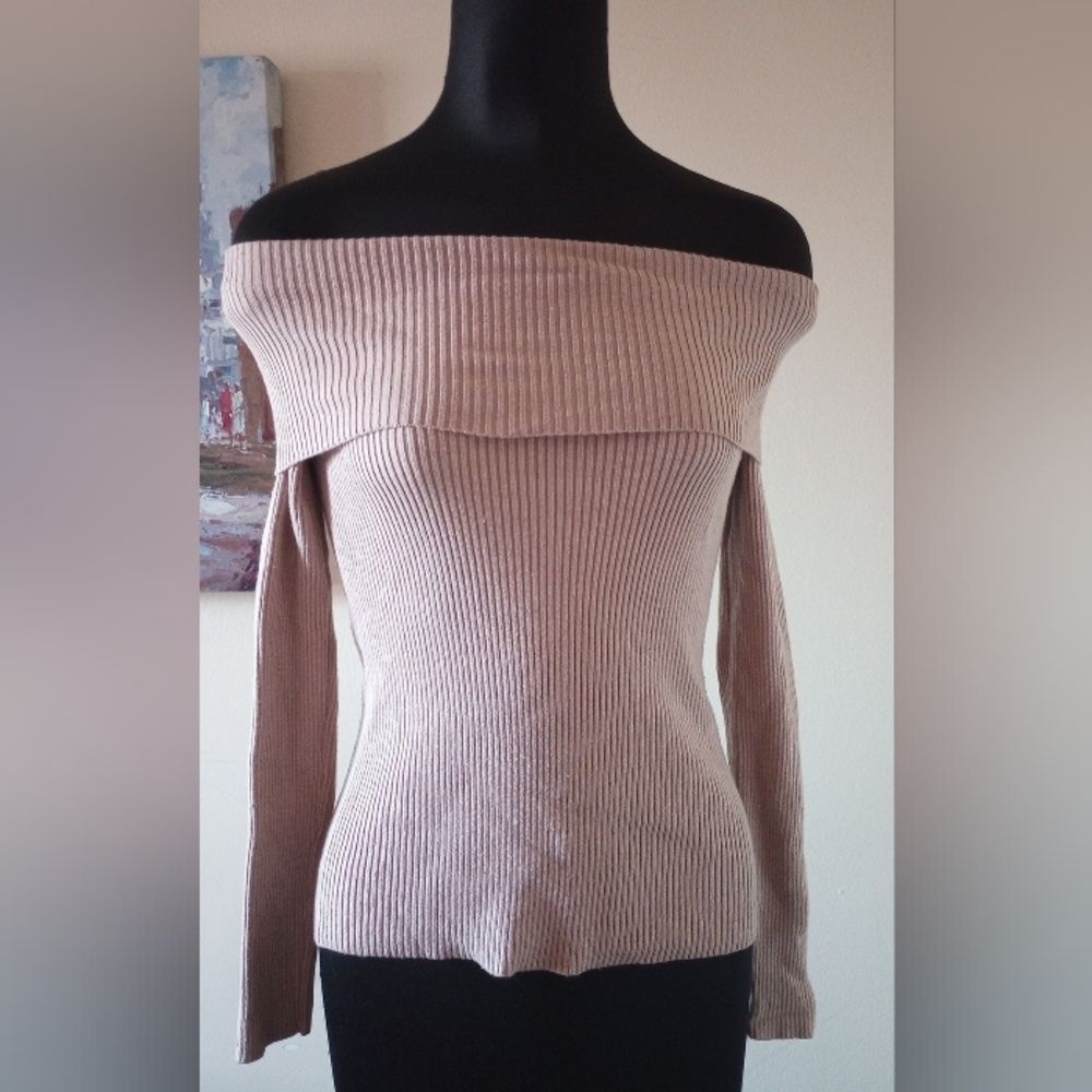 Off-Shoulder Ribbed Sweater Dusty Pink Small - Picture 2 of 6